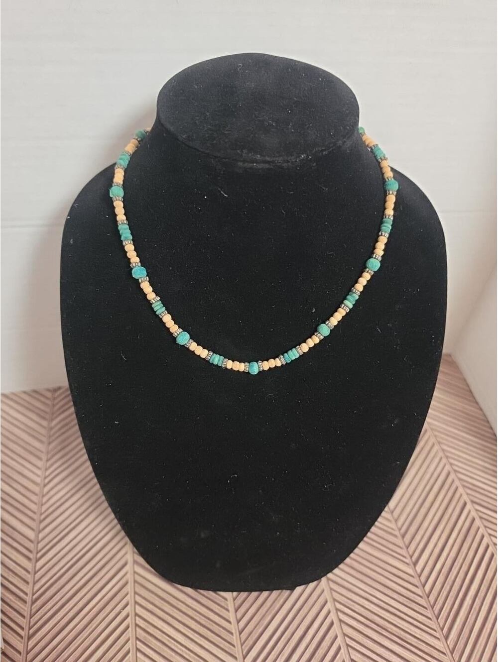 Handmade Beaded Necklace with Turquoise and Beige Wooden Beads